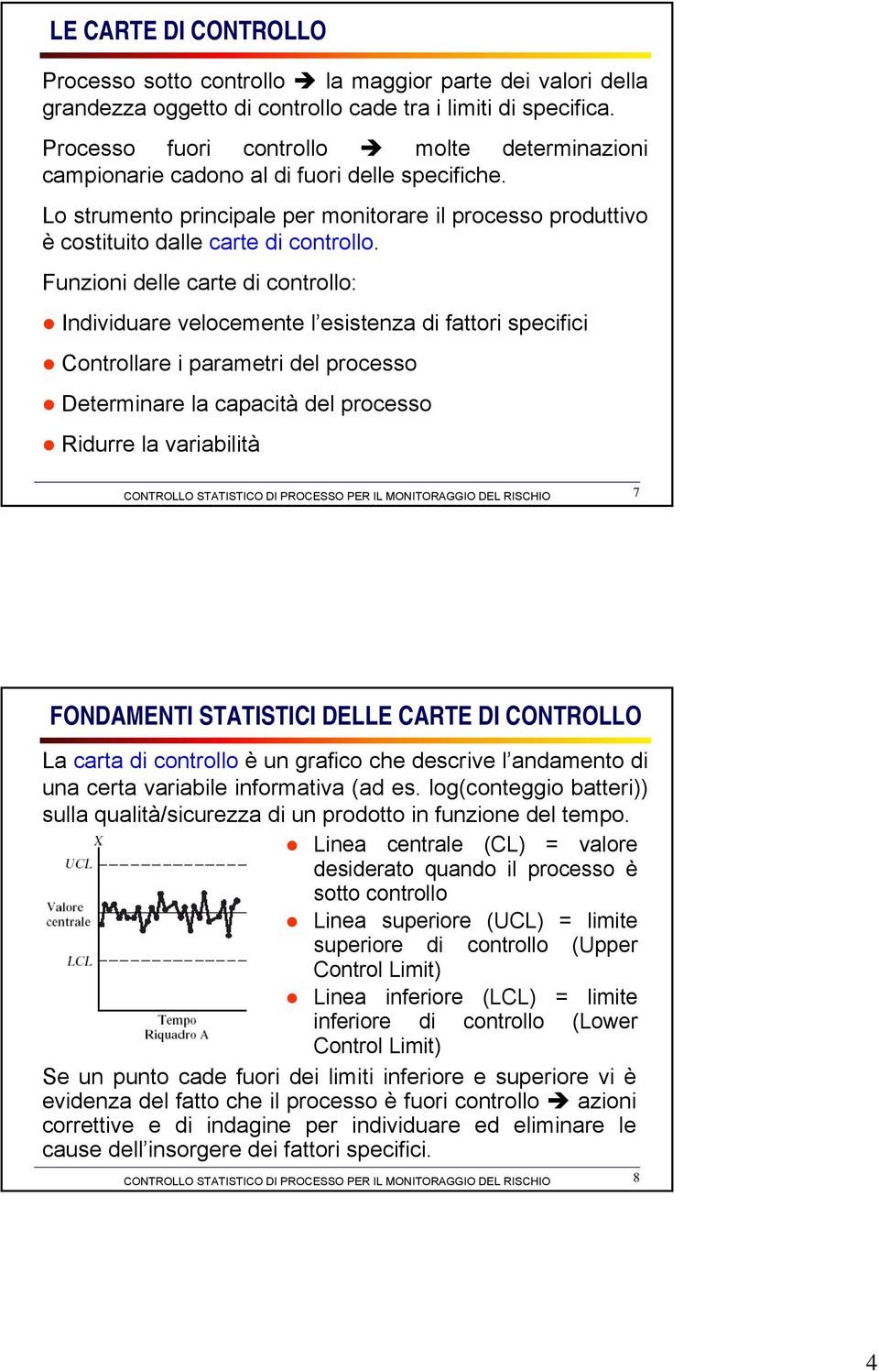 Funzioni delle carte di controllo: Individuare velocemente l esistenza di fattori specifici Controllare i parametri del processo Determinare la capacità del processo Ridurre la variabilità 7