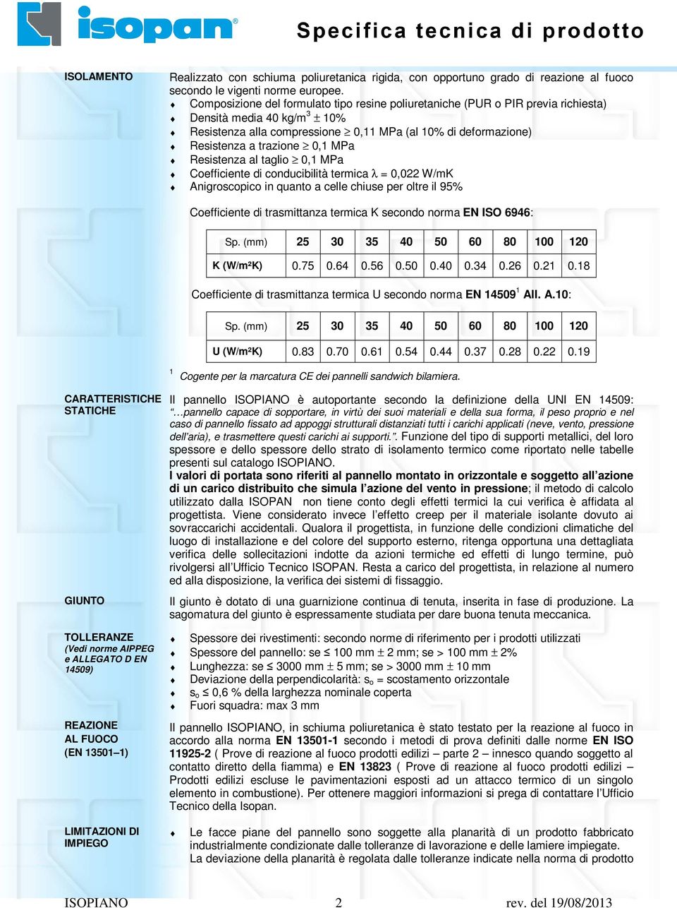 0,1 MPa Resistenza al taglio 0,1 MPa Coefficiente di conducibilità termica λ = 0,022 W/mK Anigroscopico in quanto a celle chiuse per oltre il 95% Coefficiente di trasmittanza termica K secondo norma