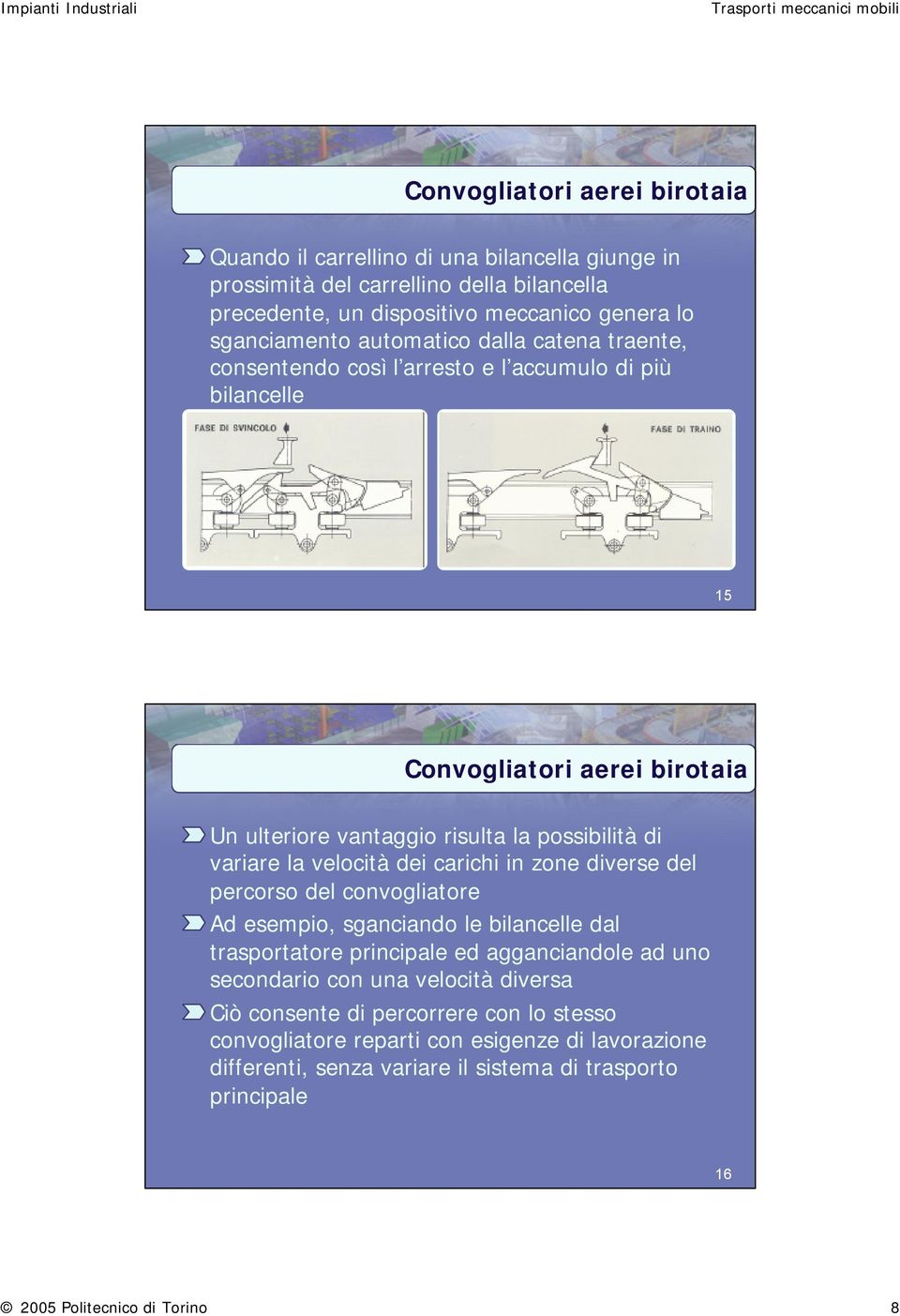 velocità dei carichi in zone diverse del percorso del convogliatore Ad esempio, sganciando le bilancelle dal trasportatore principale ed agganciandole ad uno secondario con una velocità