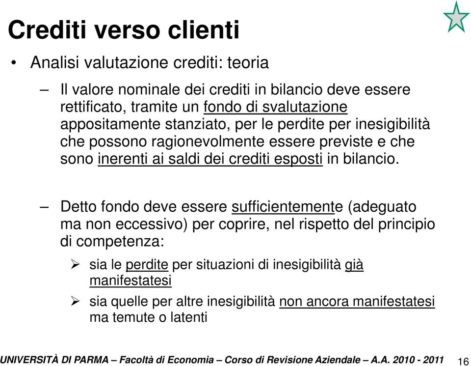 crediti esposti in bilancio.