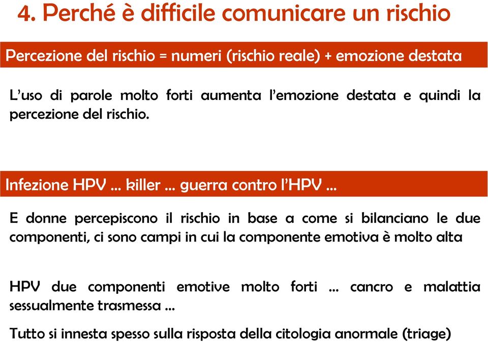 Infezione HPV killer guerra contro l HPV E donne percepiscono il rischio in base a come si bilanciano le due componenti, ci sono