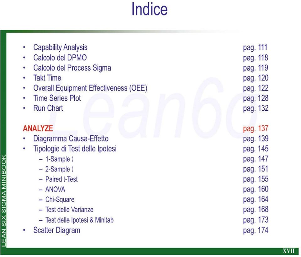 pago 128 Run Chart pago 132 ANALYZE pago 137 Diagramma Causa-Effetto pago 139 lipologie di Test delle Ipotesi pag.