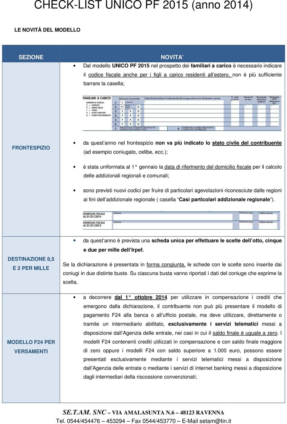 ecc.); è stata uniformata al 1 gennaio la data di riferimento del domicilio fiscale per il calcolo delle addizionali regionali e comunali; sono previsti nuovi codici per fruire di particolari