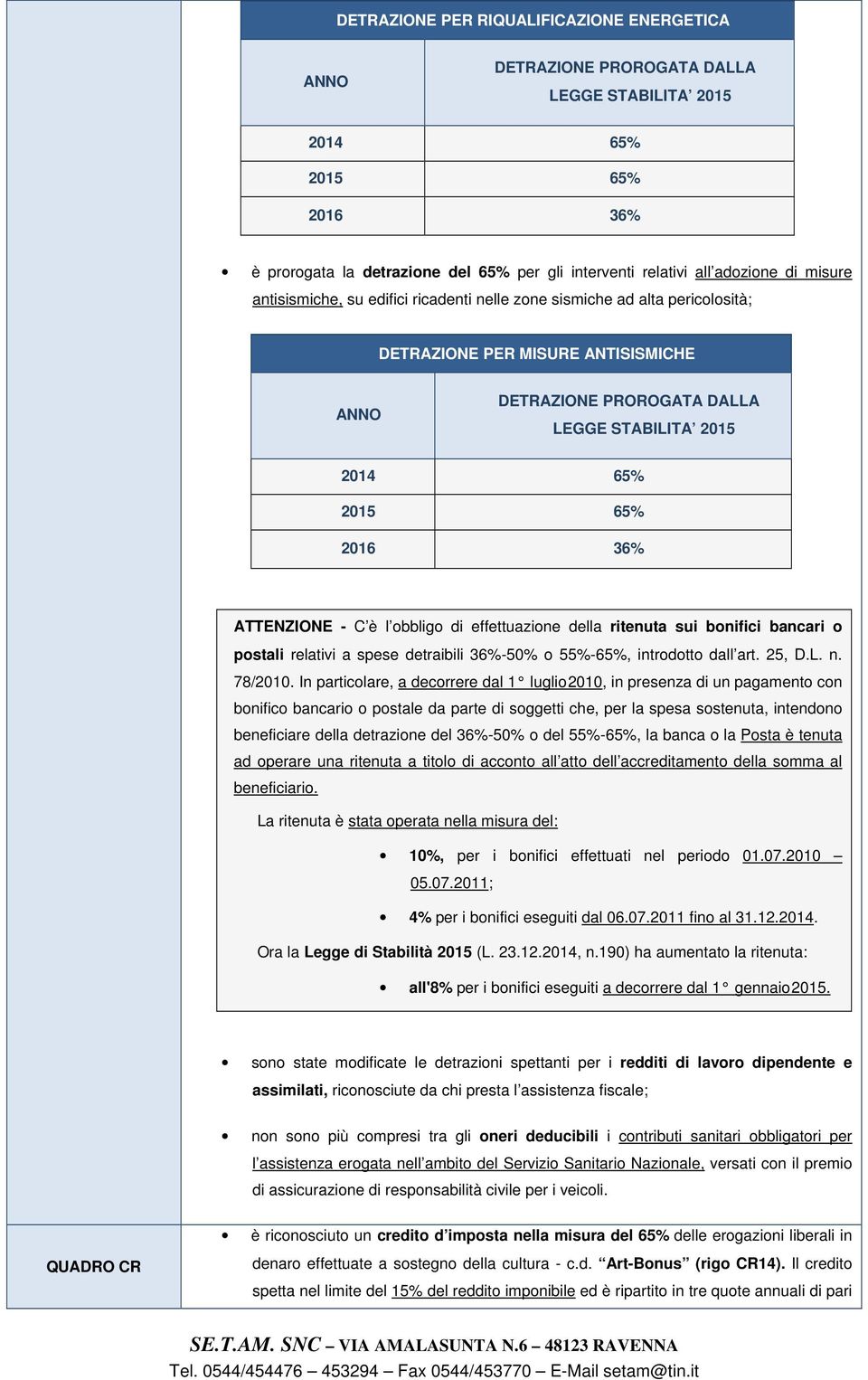 36% ATTENZIONE - C è l obbligo di effettuazione della ritenuta sui bonifici bancari o postali relativi a spese detraibili 36%-50% o 55%-65%, introdotto dall art. 25, D.L. n. 78/2010.