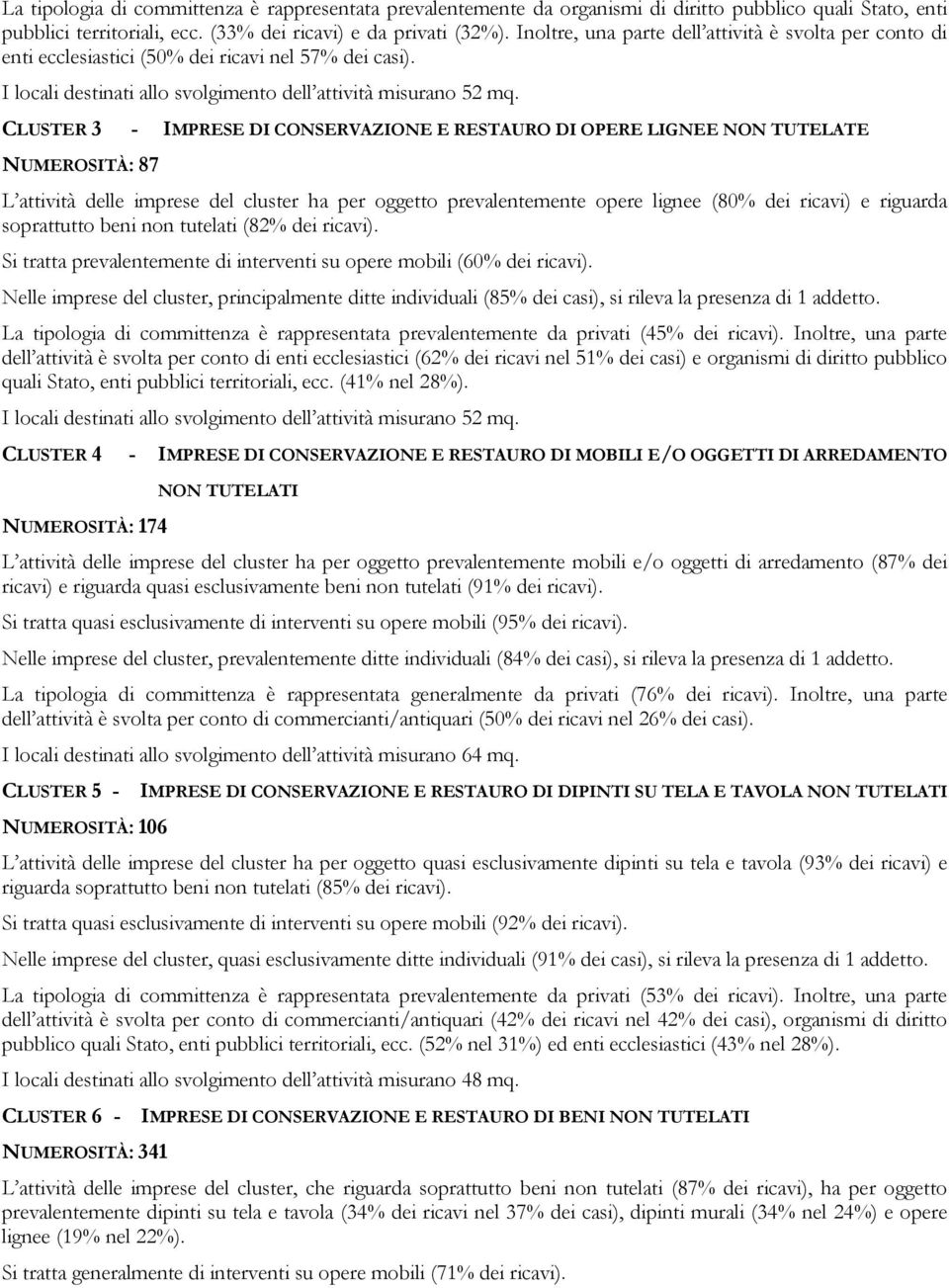 CLUSTER 3 NUMEROSITÀ: 87 - IMPRESE DI CONSERVAZIONE E RESTAURO DI OPERE LIGNEE NON TUTELATE L attività delle imprese del cluster ha per oggetto prevalentemente opere lignee (80% dei ricavi) e