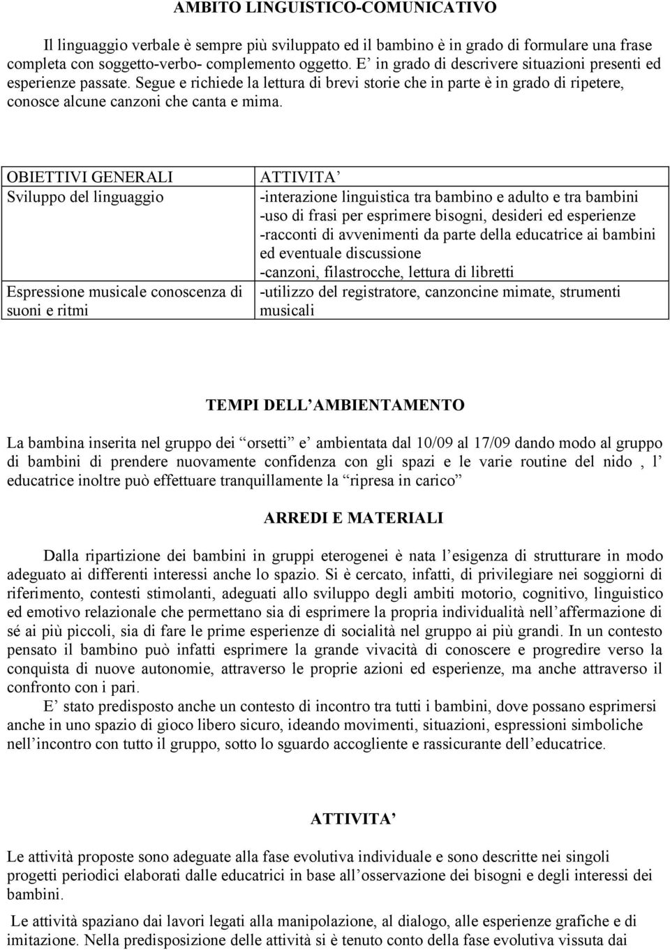 OBIETTIVI GENERALI Sviluppo del linguaggio Espressione musicale conoscenza di suoni e ritmi -interazione linguistica tra bambino e adulto e tra bambini -uso di frasi per esprimere bisogni, desideri