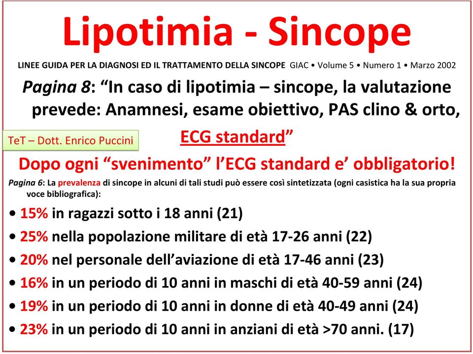 Pagina 6: La prevalenza di sincope in alcuni di tali studi può essere così sintetizzata (ogni casistica ha la sua propria voce bibliografica): 15% in ragazzi sotto i 18 anni (21) 25% nella