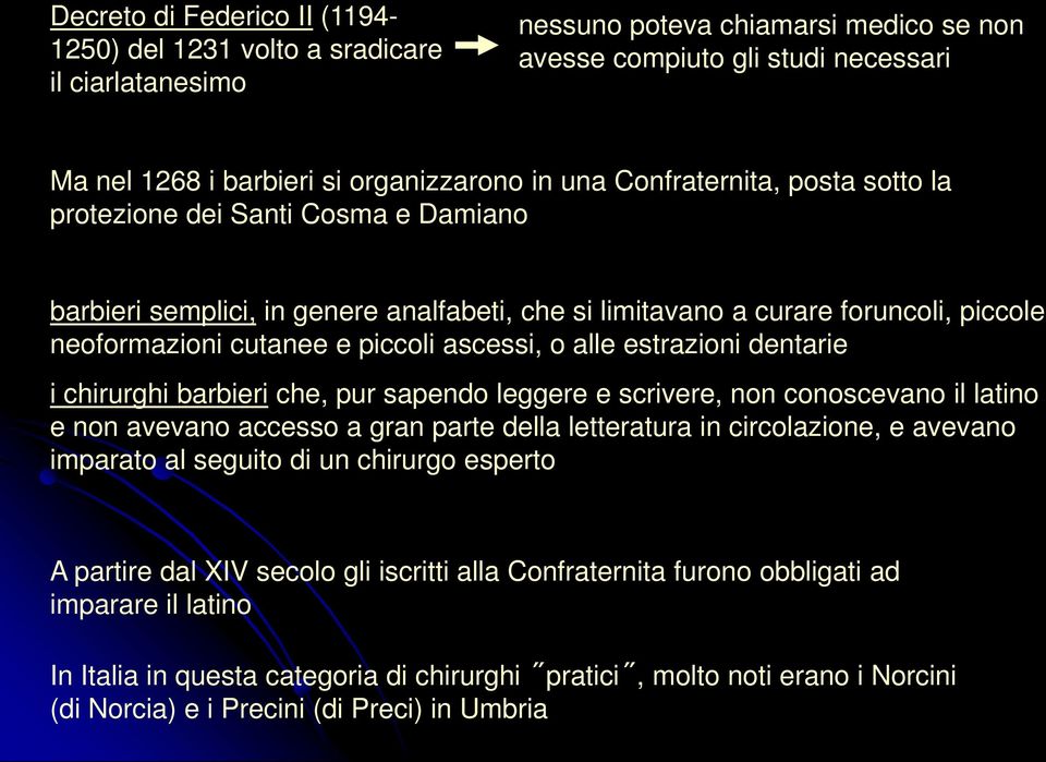 o alle estrazioni dentarie i chirurghi barbieri che, pur sapendo leggere e scrivere, non conoscevano il latino e non avevano accesso a gran parte della letteratura in circolazione, e avevano imparato