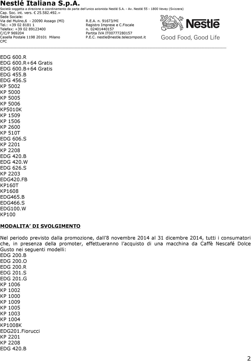 W KP100 MODALITA DI SVOLGIMENTO Nel periodo previsto dalla promozione, dall 8 embre 2014 al 31 embre 2014, tutti i consumatori che, in presenza della promoter,