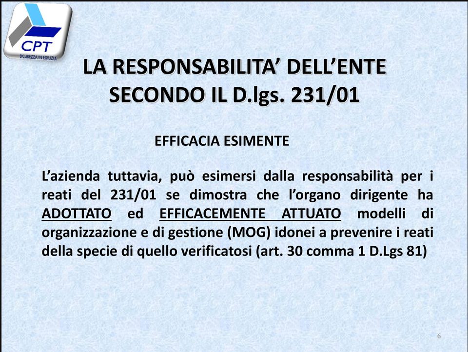 reati del 231/01 se dimostra che l organo dirigente ha ADOTTATO ed EFFICACEMENTE ATTUATO