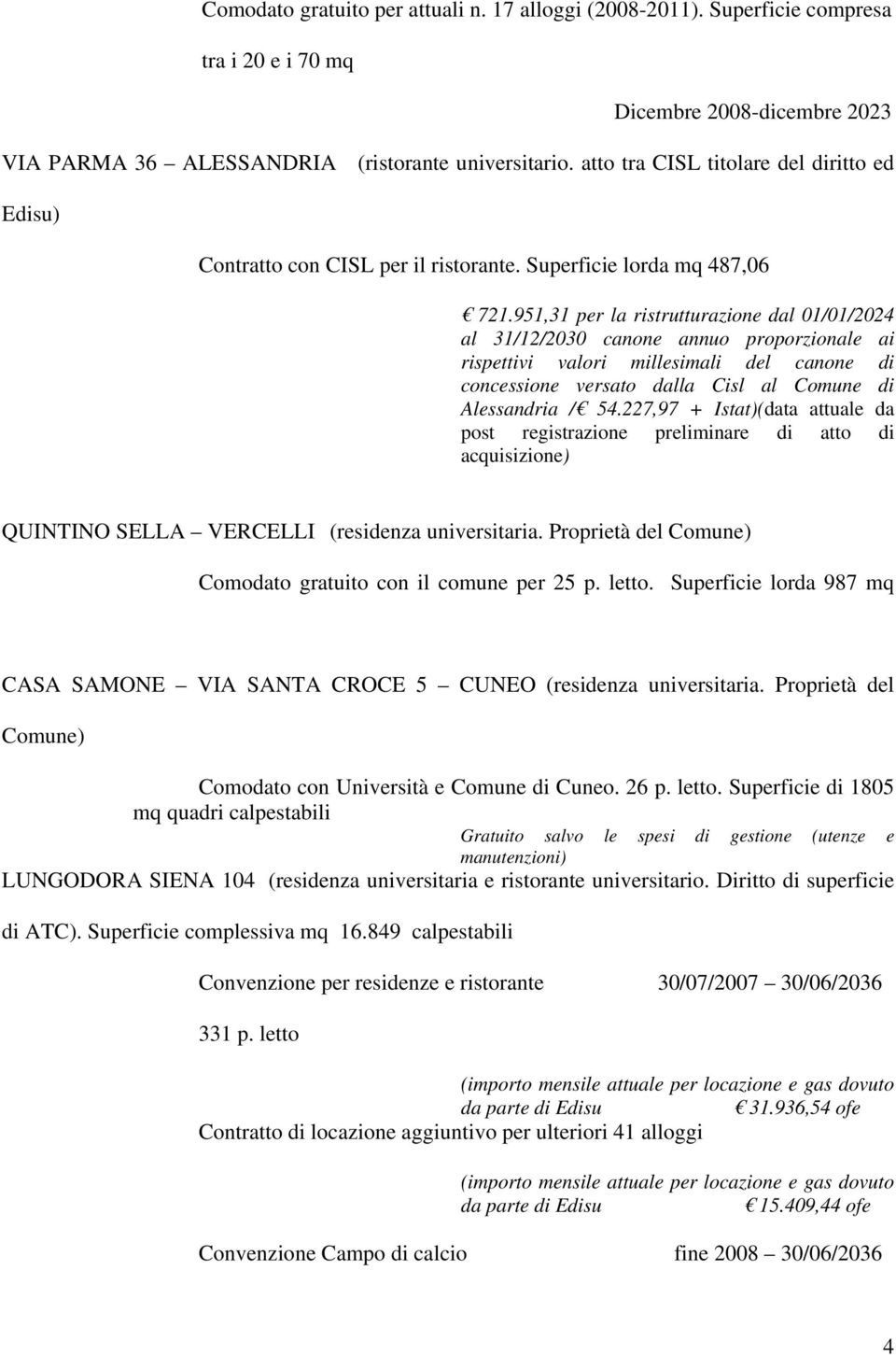 951,31 per la ristrutturazione dal 01/01/2024 al 31/12/2030 canone annuo proporzionale ai rispettivi valori millesimali del canone di concessione versato dalla Cisl al Comune di Alessandria / 54.