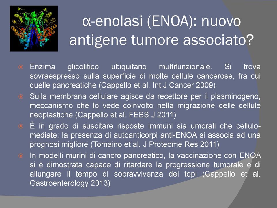 Int J Cancer 2009) Sulla membrana cellulare agisce da recettore per il plasminogeno, meccanismo che lo vede coinvolto nella migrazione delle cellule neoplastiche (Cappello et al.