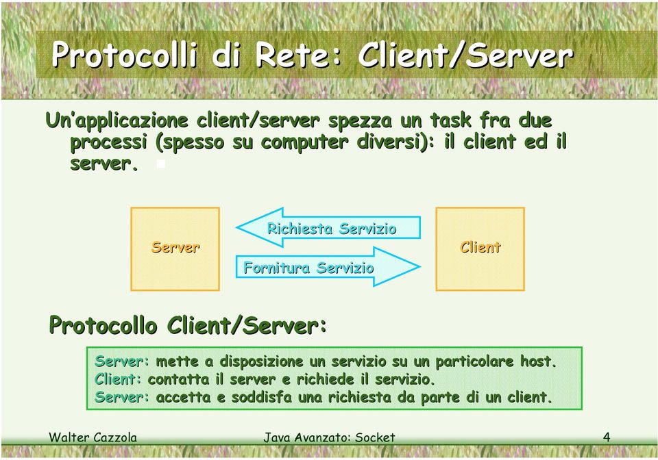 Server Richiesta Servizio Fornitura Servizio Client Protocollo Client/Server: Server: mette a disposizione un