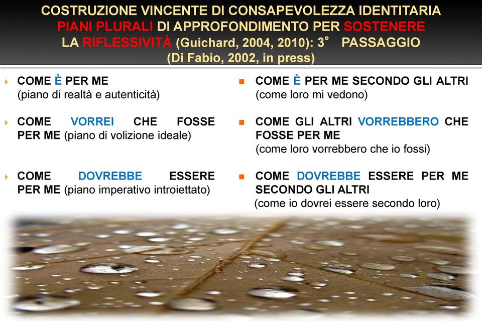 COME VORREI CHE FOSSE PER ME (piano di volizione ideale) COME DOVREBBE ESSERE PER ME (piano imperativo introiettato) COME GLI ALTRI