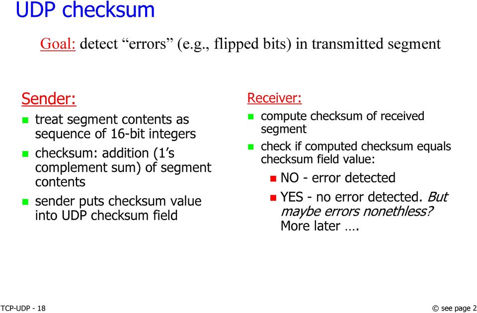 addition (1 s complement sum) of segment contents sender puts checksum value into UDP checksum field Receiver: