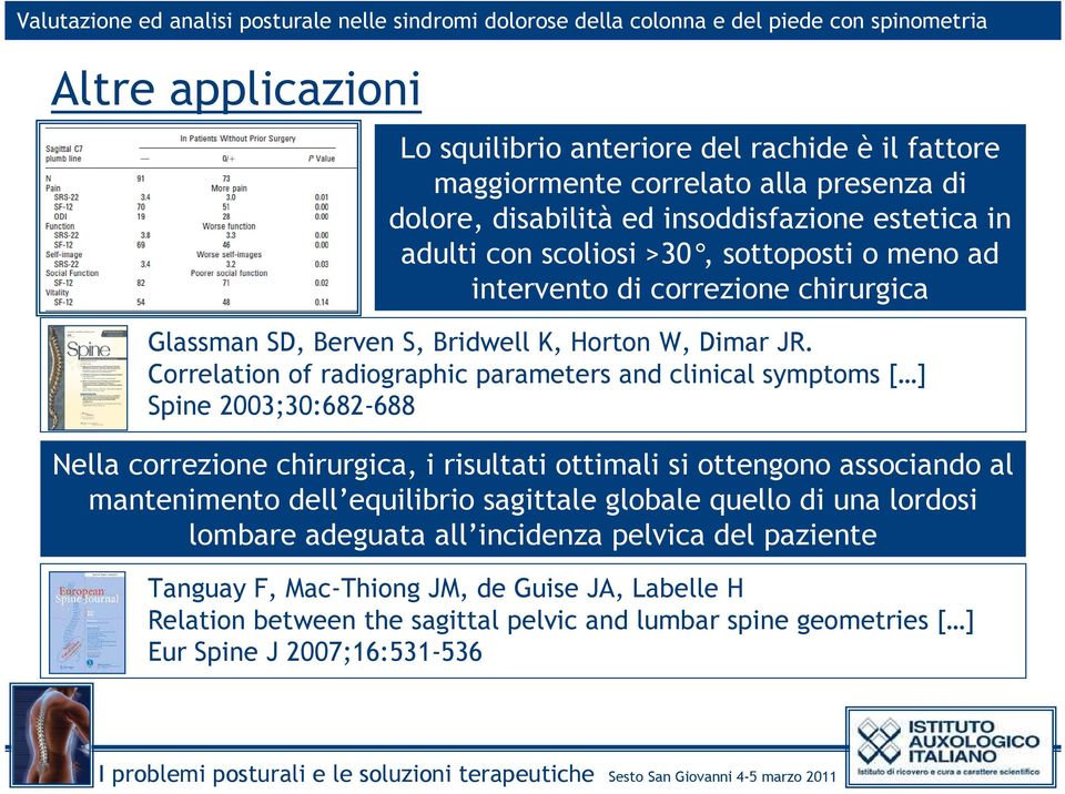 Correlation of radiographic parameters and clinical symptoms [ ] Spine 2003;30:682-688 Nella correzione chirurgica, i risultati ottimali si ottengono associando al mantenimento dell