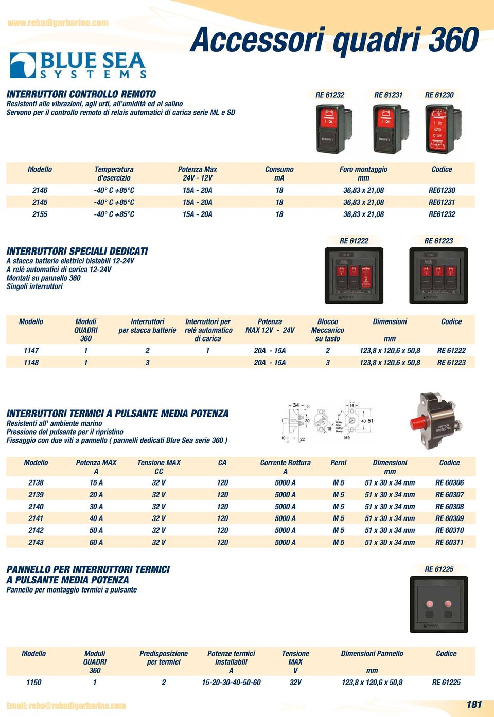 RE61231 2155-40 C +85 C 15A - 20A 18 36,83 x 21,08 RE61232 INTERRUTTORI SPECIALI DEDICATI A stacca batterie elettrici bistabili 12-24V A relè automatici di carica 12-24V Montati su pannello 360