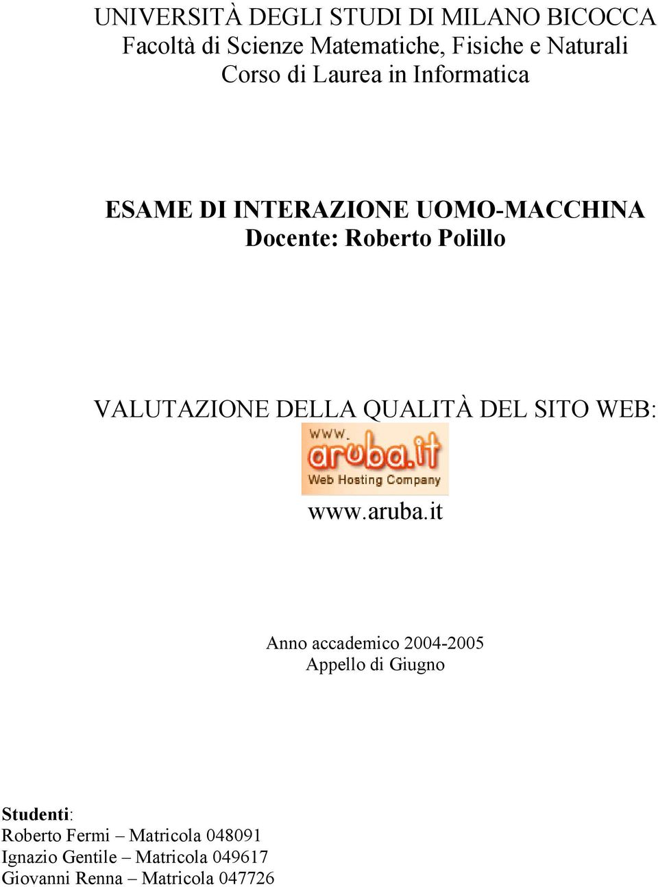 VALUTAZIONE DELLA QUALITÀ DEL SITO WEB: www.aruba.