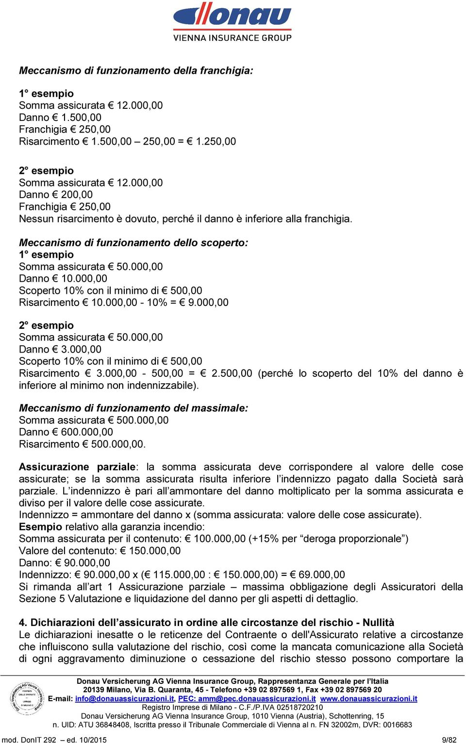 000,00 Danno 10.000,00 Scoperto 10% con il minimo di 500,00 Risarcimento 10.000,00-10% = 9.000,00 2 esempio Somma assicurata 50.000,00 Danno 3.