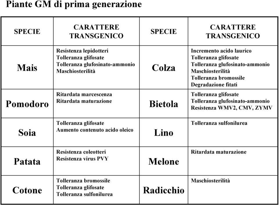 marcescenza Ritardata maturazione Bietola Tolleranza glifosate Tolleranza glufosinato-ammonio Resistenza WMV2, CMV, ZYMV Soia Tolleranza glifosate Aumento contenuto acido oleico Lino