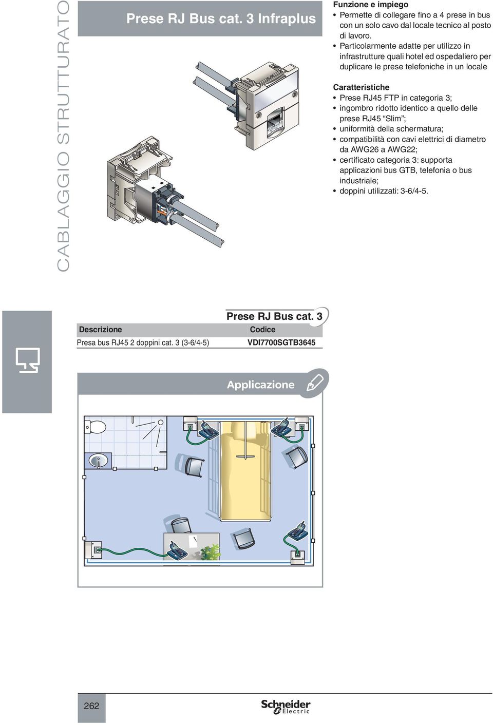 ingombro ridotto identico a quello delle prese RJ45 Slim ; uniformità della schermatura; compatibilità con cavi elettrici di diametro da AWG26 a AWG22; certificato categoria 3: