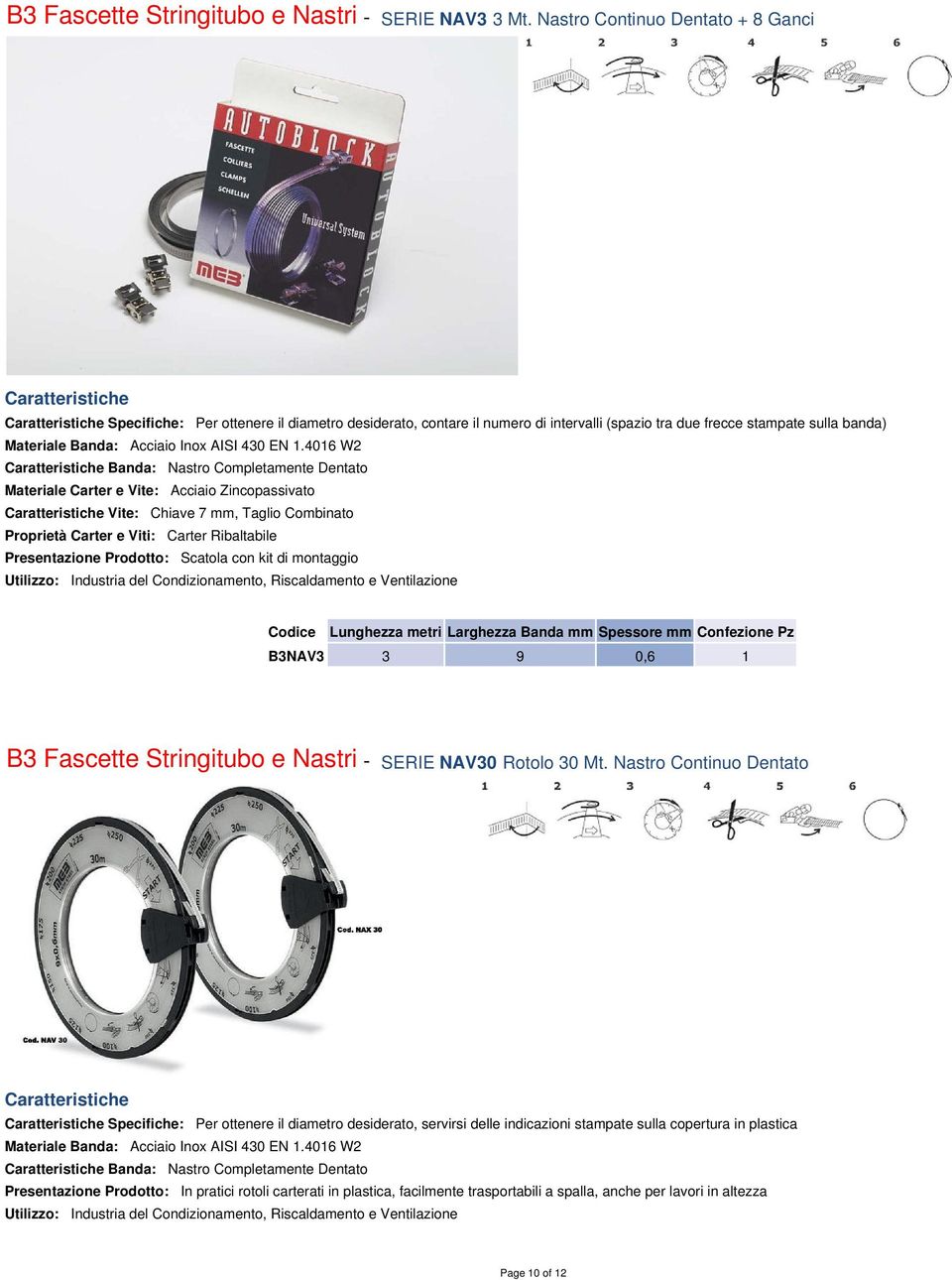 EN 1.4016 W2 Banda: Nastro Completamente Dentato Materiale Carter e Vite: Acciaio Zincopassivato Vite: Chiave 7 mm, Taglio Combinato Proprietà Carter e Viti: Carter Ribaltabile Presentazione