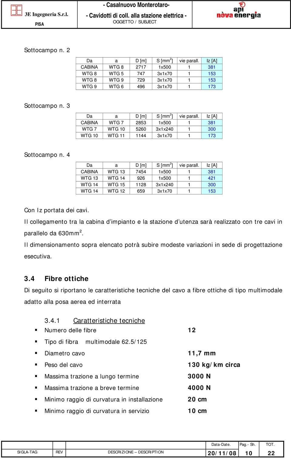 Iz [A] CABINA WTG 13 7454 1x500 1 381 WTG 13 WTG 14 926 1x500 1 421 WTG 14 WTG 15 1128 3x1x240 1 300 WTG 14 WTG 12 659 3x1x70 1 153 Con Iz portata dei cavi.