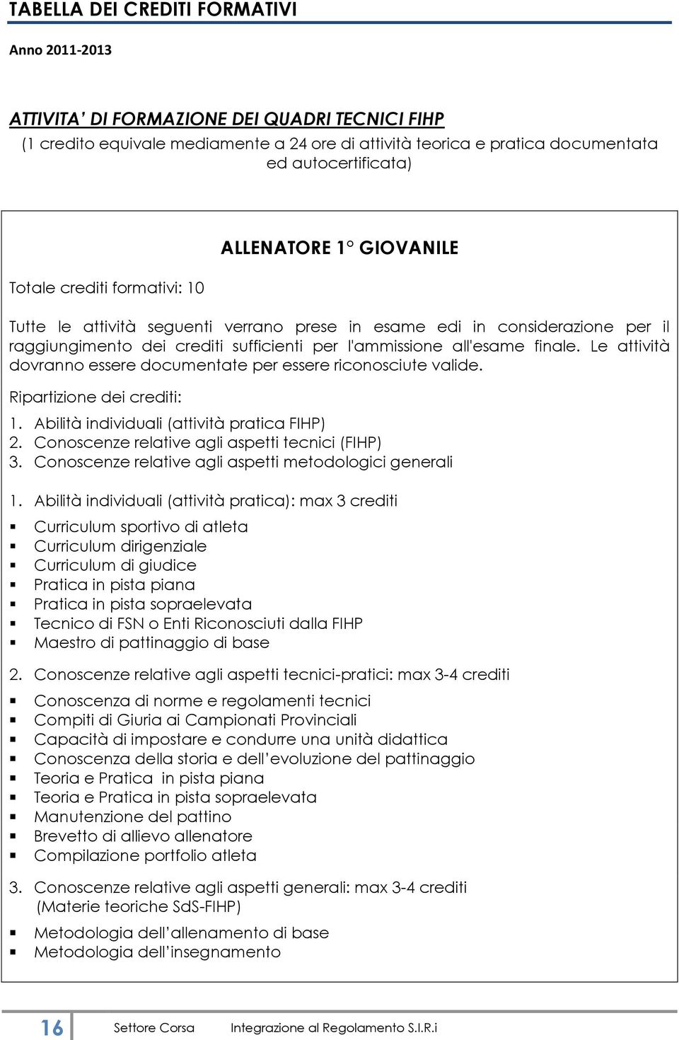 finale. Le attività dovranno essere documentate per essere riconosciute valide. Ripartizione dei crediti: 1. Abilità individuali (attività pratica FIHP) 2.