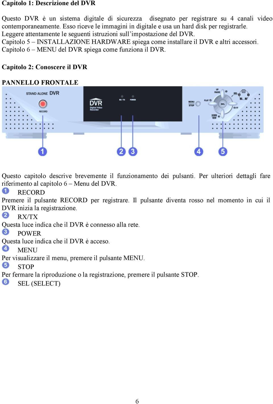 Capitolo 5 INSTALLAZIONE HARDWARE spiega come installare il DVR e altri accessori. Capitolo 6 MENU del DVR spiega come funziona il DVR.