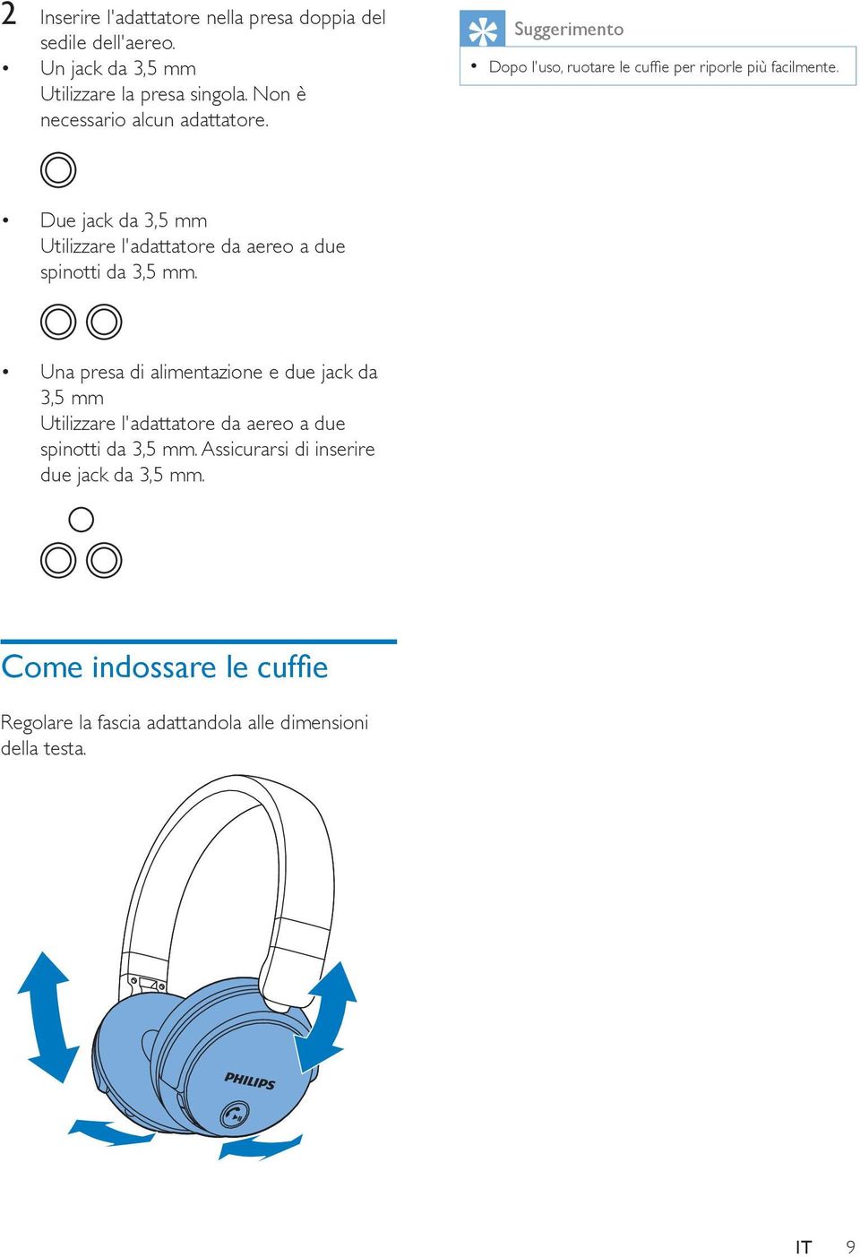 Due jack da 3,5 mm Utilizzare l'adattatore da aereo a due spinotti da 3,5 mm.