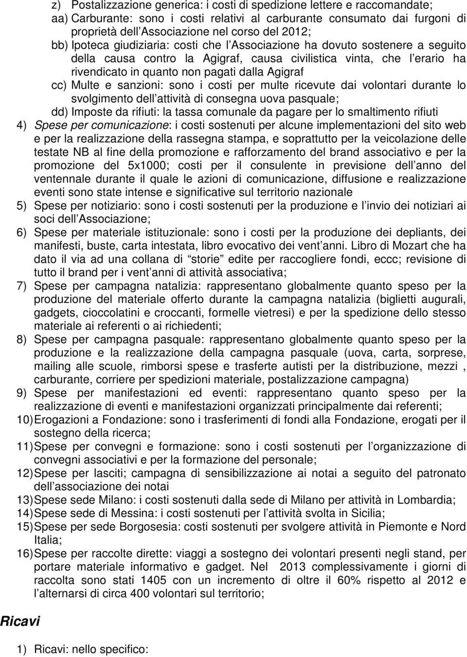 cc) Multe e sanzioni: sono i costi per multe ricevute dai volontari durante lo svolgimento dell attività di consegna uova pasquale; dd) Imposte da rifiuti: la tassa comunale da pagare per lo