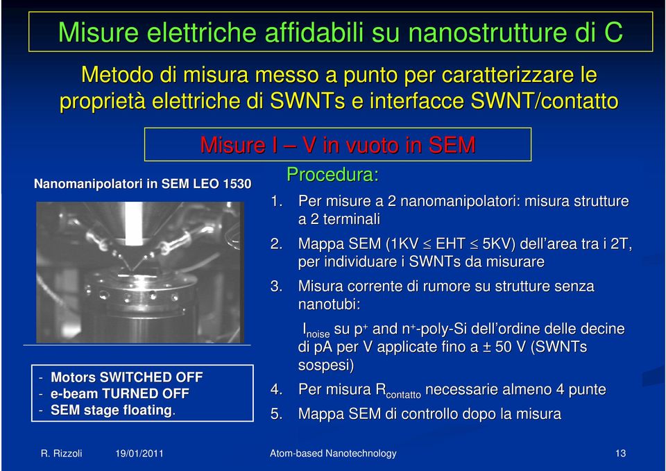 Per misure a 2 nanomanipolatori: : misura strutture a 2 terminali 2. Mappa SEM (1KV( EHT 5KV) dell area tra i 2T, per individuare i SWNTs da misurare 3.