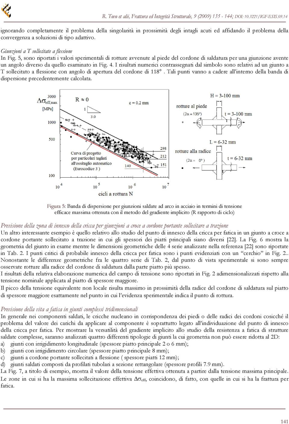 5, sono riportati i valori sperimentali di rotture avvenute al piede del cordone di saldatura per una giunzione avente un angolo diverso da quello esaminato in Fig. 4.