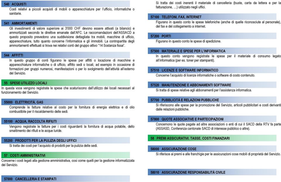 Le raccomandazioni dell ASSACD a questo proposito prevedono una suddivisione dettagliata tra mobili, macchine di ufficio, apparecchiature, tutto quanto concerne l informatica e gli immobili.