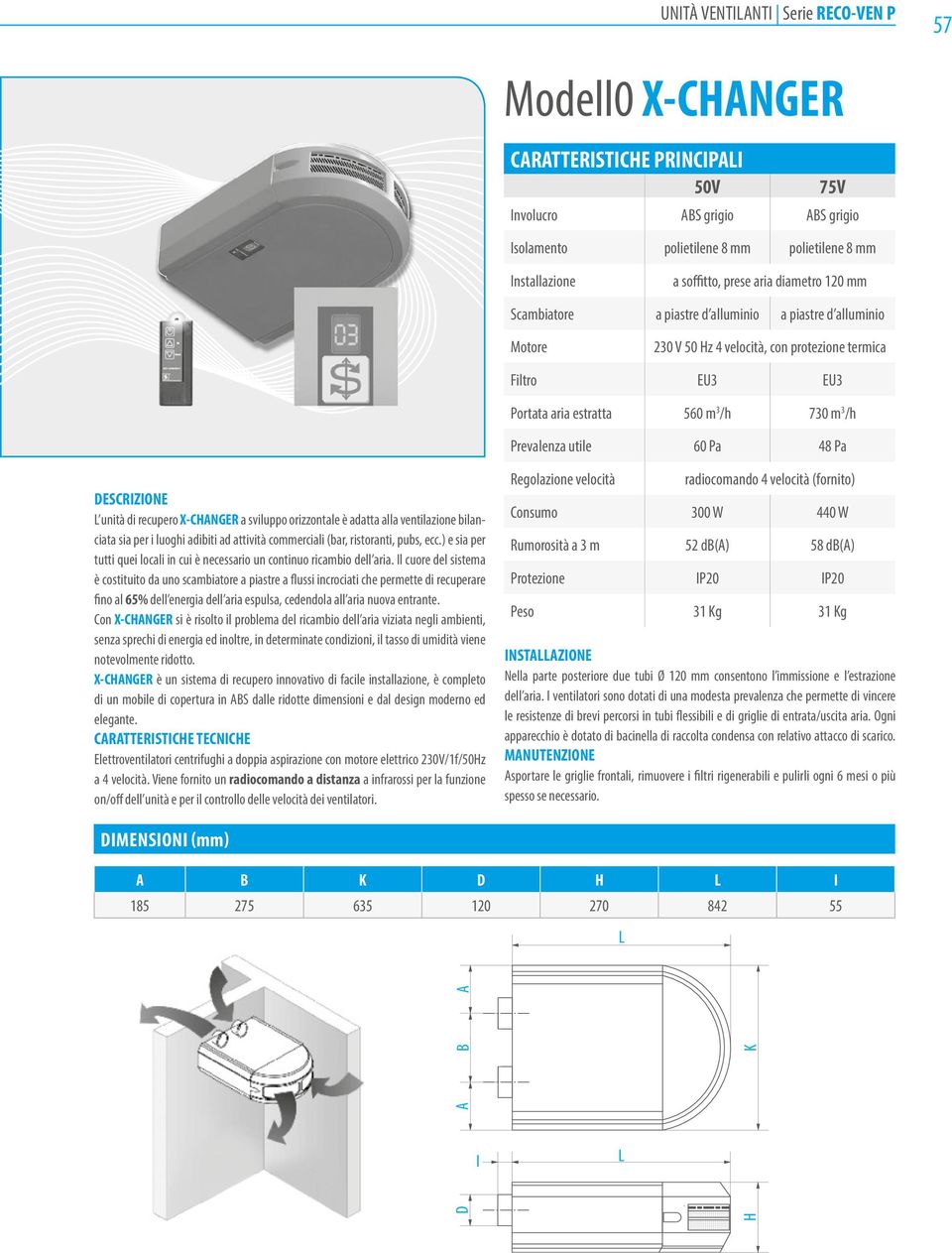 orizzontale è adatta alla ventilazione bilanciata sia per i luoghi adibiti ad attività commerciali (bar, ristoranti, pubs, ecc.