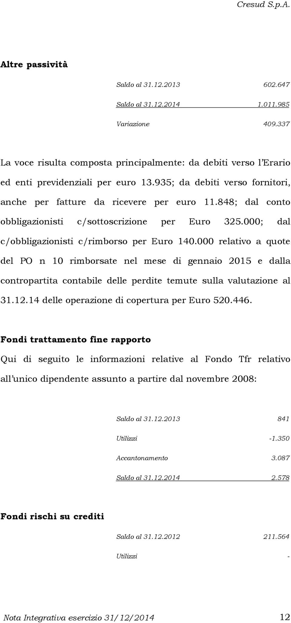 000 relativo a quote del PO n 10 rimborsate nel mese di gennaio 2015 e dalla contropartita contabile delle perdite temute sulla valutazione al 31.12.14 delle operazione di copertura per Euro 520.446.