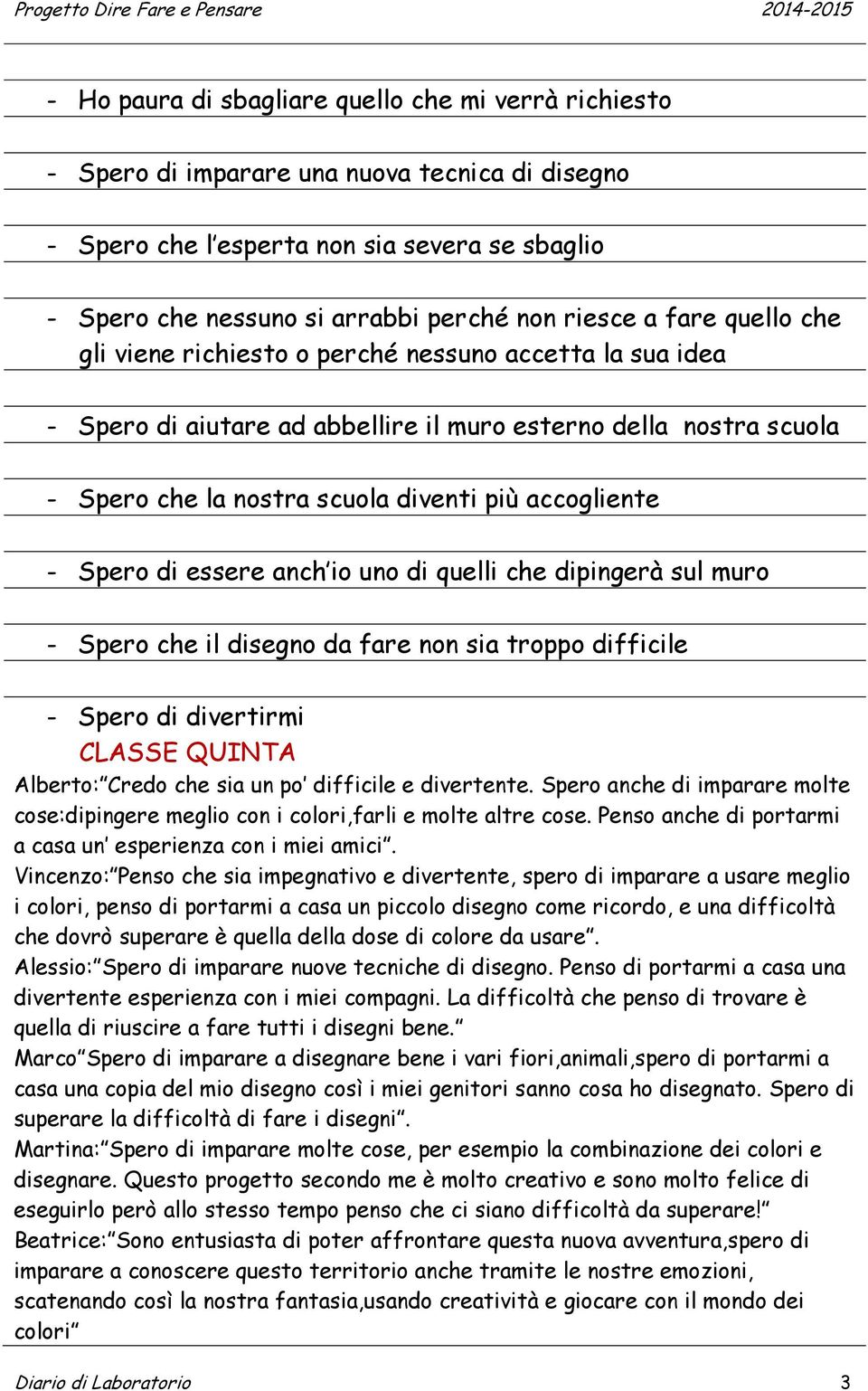 Spero di essere anch io uno di quelli che dipingerà sul muro - Spero che il disegno da fare non sia troppo difficile - Spero di divertirmi CLASSE QUINTA Alberto: Credo che sia un po difficile e