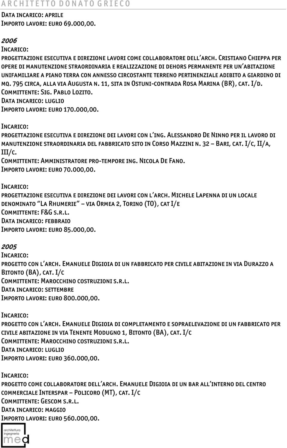 giardino di mq. 795 circa, alla via Augusta n. 11, sita in Ostuni-contrada Rosa Marina (BR), cat. I/d. Committente: Sig. Pablo Lozito. Data incarico: luglio Importo lavori: euro 170.000,00.