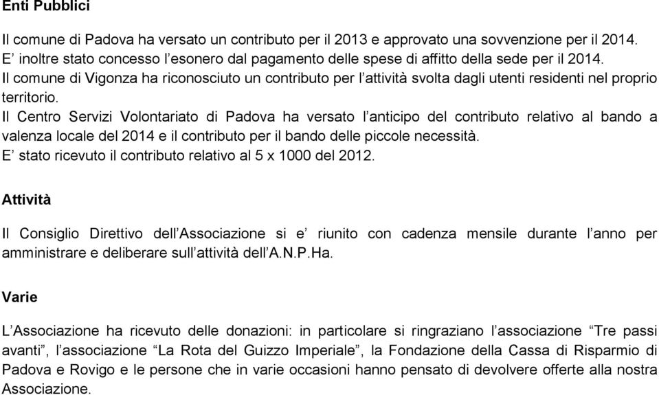 Il comune di Vigonza ha riconosciuto un contributo per l attività svolta dagli utenti residenti nel proprio territorio.