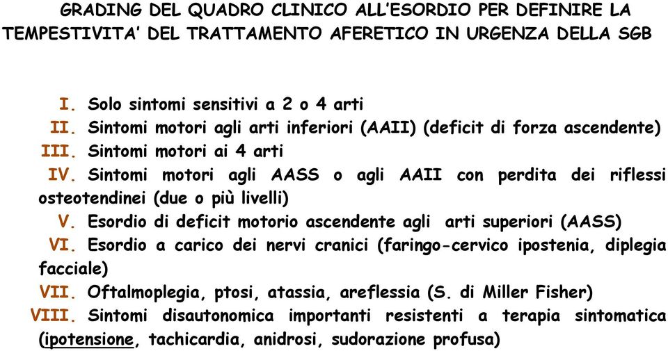 Sintomi motori agli AASS o agli AAII con perdita dei riflessi osteotendinei (due o più livelli) V. Esordio di deficit motorio ascendente agli arti superiori (AASS) VI.