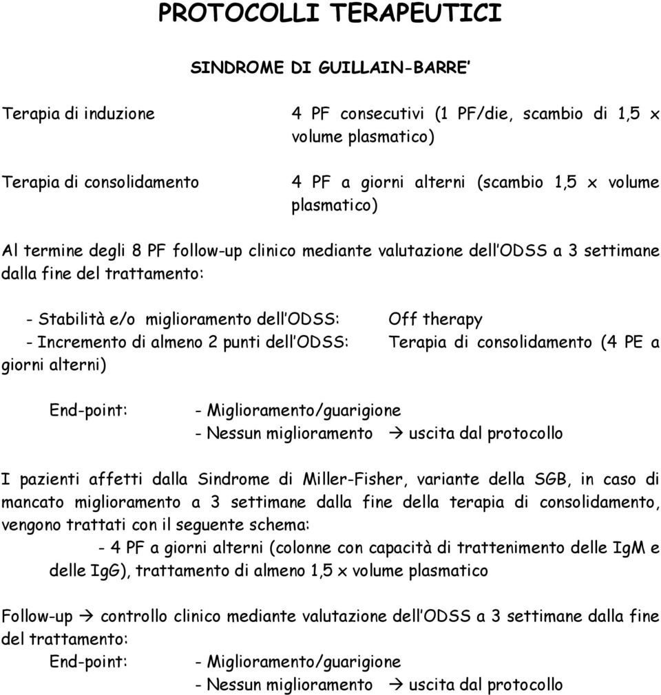 di almeno 2 punti dell ODSS: Terapia di consolidamento (4 PE a giorni alterni) End-point: - Miglioramento/guarigione - Nessun miglioramento uscita dal protocollo I pazienti affetti dalla Sindrome di