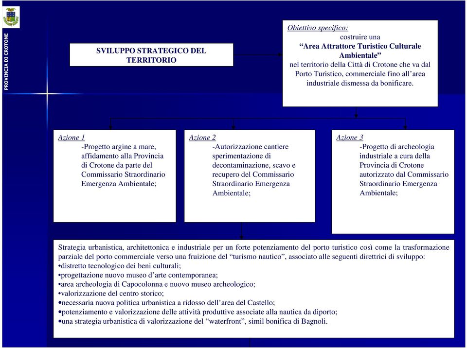 Azione 1 -Progetto argine a mare, affidamento alla Provincia di Crotone da parte del Commissario Straordinario Emergenza Ambientale; Azione 2 -Autorizzazione cantiere sperimentazione di