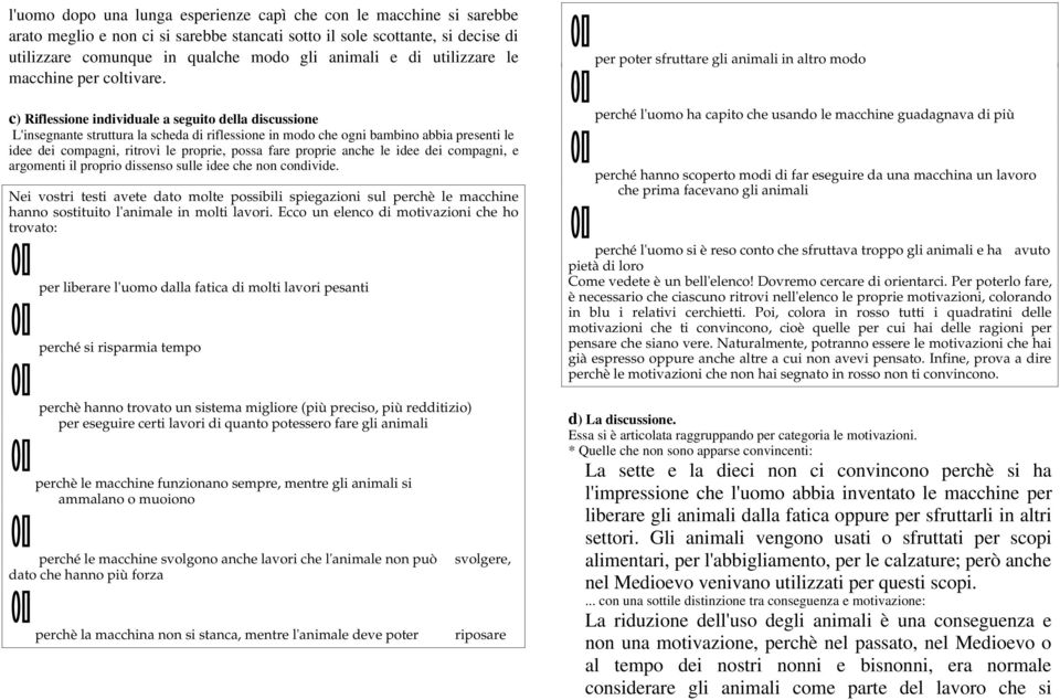 c) Riflessione individuale a seguito della discussione L'insegnante struttura la scheda di riflessione in modo che ogni bambino abbia presenti le idee dei compagni, ritrovi le proprie, possa fare