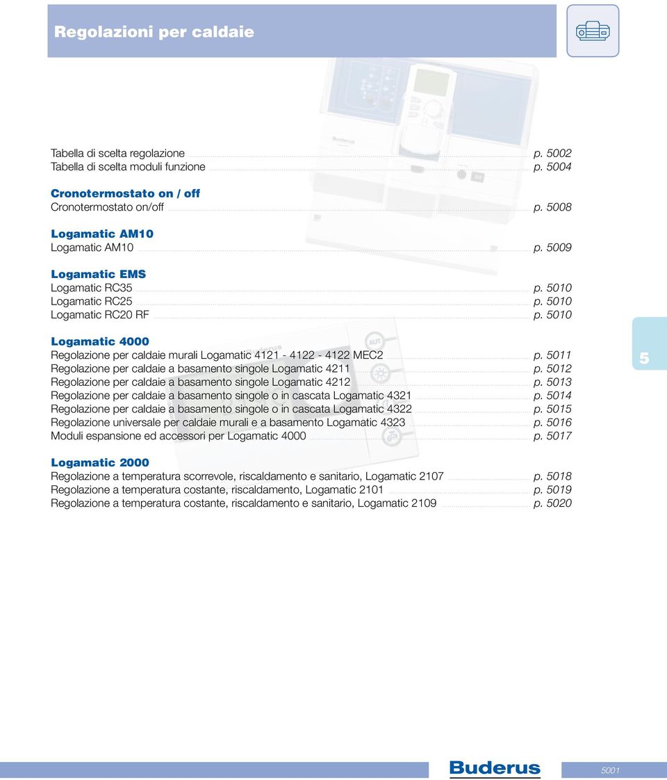 .. p. 012 Regolazione per caldaie a basamento singole Logamatic 4212... p. 013 Regolazione per caldaie a basamento singole o in cascata Logamatic 4321... p. 014 Regolazione per caldaie a basamento singole o in cascata Logamatic 4322.