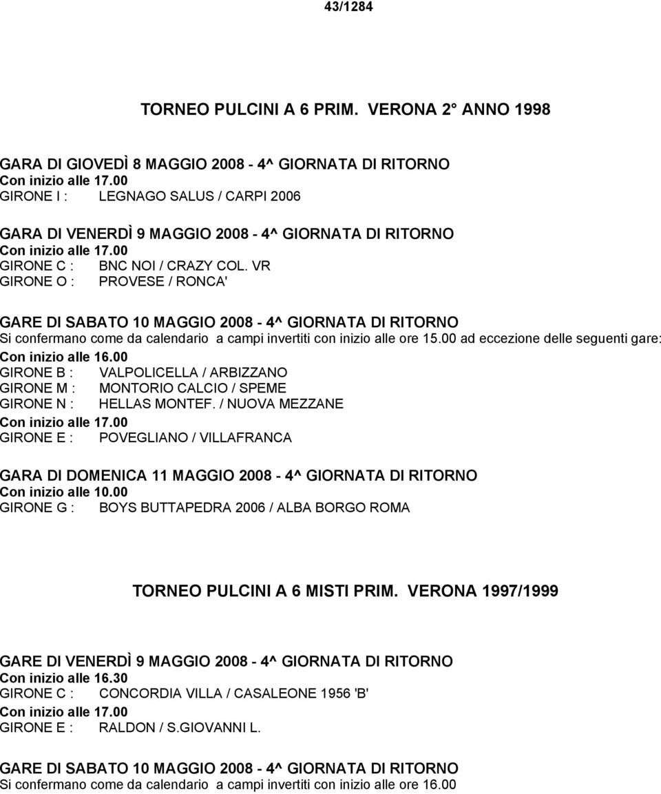 VR GIRONE O : PROVESE / RONCA' GARE DI SABATO 10 MAGGIO 2008-4^ GIORNATA DI RITORNO Si confermano come da calendario a campi invertiti con inizio alle ore 15.