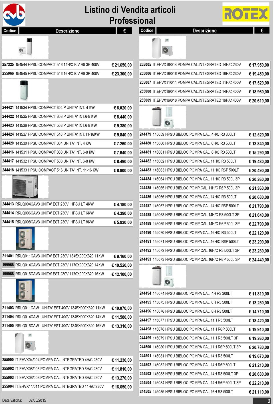 960,00 244421 141534 HPSU COMPACT 304 P UNITA' INT. 4 KW 8.020,00 255009 IT.EHVX16/016 POMPA CAL.INTEGRATED 16H/C 400V 20.610,00 244422 141535 HPSU COMPACT 308 P UNITA' INT.6-8 KW 8.