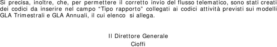 rapporto collegati ai codici attività previsti sui modelli GLA