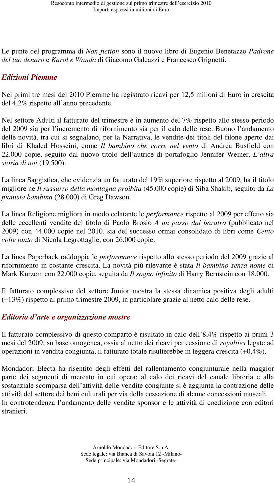 Nel settore Adulti il fatturato del trimestre è in aumento del 7% rispetto allo stesso periodo del 2009 sia per l incremento di rifornimento sia per il calo delle rese.