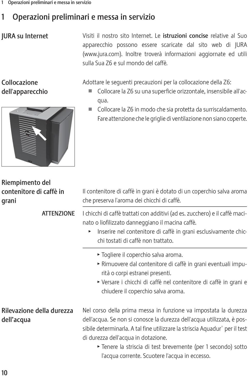 Collocazione dell'apparecchio Adottare le seguenti precauzioni per la collocazione della Z6: U Collocare la Z6 su una superficie orizzontale, insensibile all'acqua.