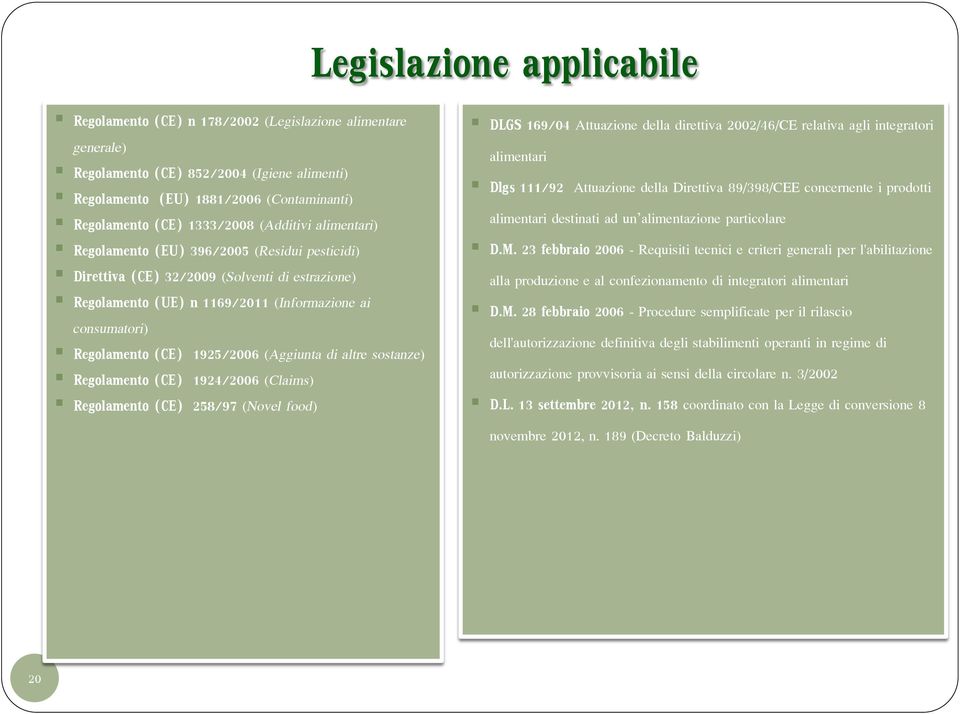 (CE) 1925/2006 (Aggiunta di altre sostanze) Regolamento (CE) 1924/2006 (Claims) Regolamento (CE) 258/97 (Novel food) DLGS 169/04 Attuazione della direttiva 2002/46/CE relativa agli integratori